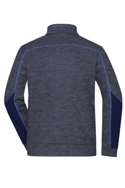 A men's polar fleece jacket in navy blue with contrasting blue stitching and side panels. Features a high collar and a logo.