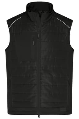 A black hybrid vest featuring a zippered front and a chest pocket, with reflective details and a stand-up collar.