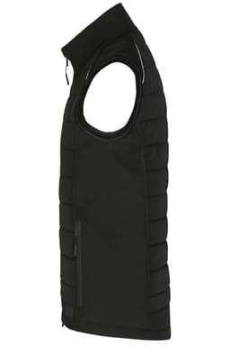 A black men's hybrid vest featuring a zip closure and a stylish puffer design. It includes a logo on the chest area.