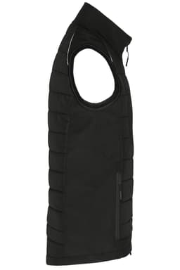 A black men's hybrid vest featuring a sleeveless design, zippered front, and a side pocket.