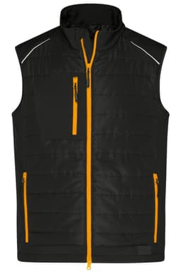 A black hybrid vest featuring yellow zip details and pockets. It has an adjustable collar and reflective elements.