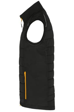 A black hybrid vest with a yellow zip pocket, featuring a sleeveless design and padded texture.