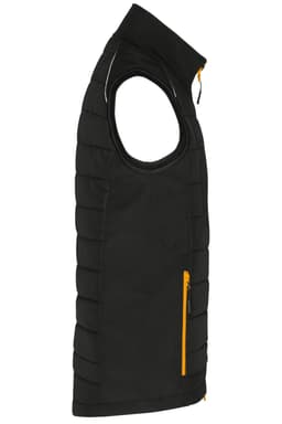 A black men's hybrid vest featuring a yellow zipper, showcasing a sleeveless design and padded texture.