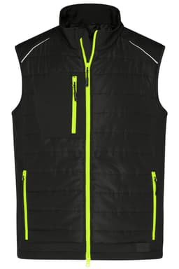 A black hybrid vest with bright green accents and zip pockets, featuring a stand-up collar and a logo.