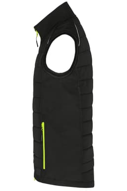 A black hybrid vest with a zippered pocket and neon yellow accents, featuring a sleeveless design.
