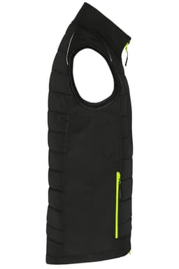 A black men's hybrid vest with a zippered pocket and bright green accent, featuring a sleeveless design.