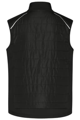 A black hybrid vest designed with a textured pattern, featuring a high collar and reflective detailing.