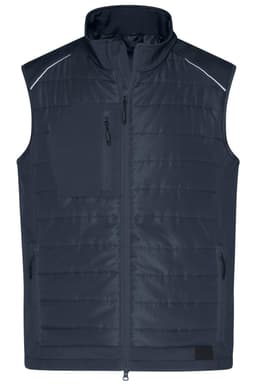 A navy men's hybrid vest with a zip front, high collar, and multiple pockets. Features reflective detailing and a logo.