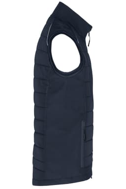 A navy blue men's hybrid vest with a zippered front and side pocket, featuring a sleek design and padded sections.