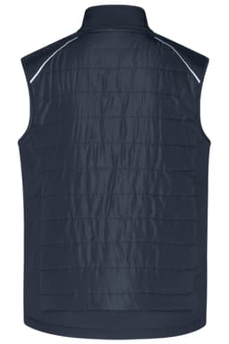 A navy Mens Hybrid Vest with a smooth front and quilted back, featuring a logo on the side.