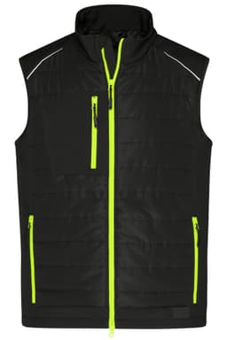 A black hybrid vest with neon green zippers and accents, featuring a front pocket and reflective details.