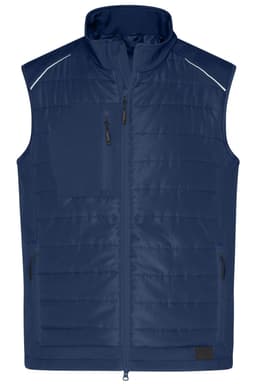 A navy hybrid vest with a zip front, pockets, and reflective detailing, featuring a logo on the lower side.