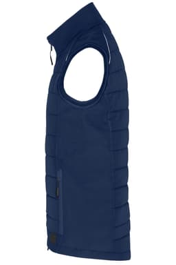 A navy hybrid vest with a zip closure and a side pocket, designed without sleeves. It features a branding logo.