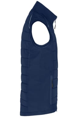A navy mens hybrid vest with a zip front, padded design, and one side pocket. It features a logo.