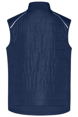 A navy men's hybrid vest with a quilted design and a high collar, featuring reflective details and a logo.