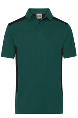 A men's work polo in dark green with black side panels and a collar. The shirt features a logo on the chest.