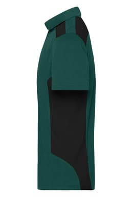 A green and black men's work polo shirt with a collar and short sleeves, featuring a logo on the chest.