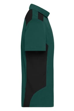 A men's workwear polo in dark green with black side panels and a collar, featuring a logo on the chest.