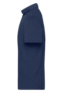A navy blue men's workwear polo shirt displayed from the side, featuring a collar and short sleeves.