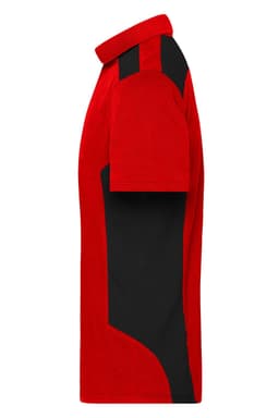 A red and black men's work polo shirt featuring a side view with contrasting colours and a logo.