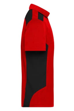A red and black men's work polo shirt with a logo and a sporty design.