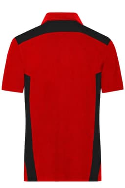 A red and black men's workwear polo shirt featuring a collar and short sleeves. It includes a logo on the front.