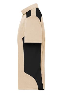 A beige and black men's work polo shirt featuring a contrast design and a logo.