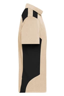 A men's workwear polo shirt in beige and black, featuring a sleek design and a logo on the fabric.