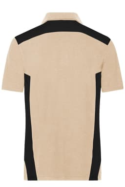 A men's workwear polo in beige with black side panels, featuring a collar and short sleeves. It has a logo on the chest.