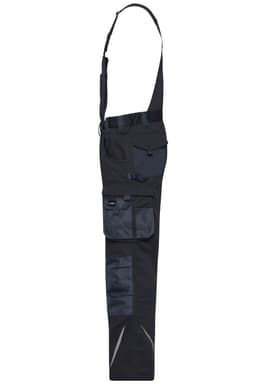 Workwear pants with bib in black, featuring multiple pockets and adjustable straps. Includes a branding logo.