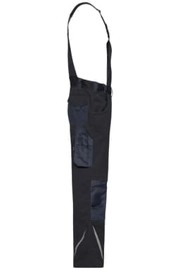 A pair of black workwear pants with bib, featuring multiple pockets and adjustable straps. Brand logo visible.