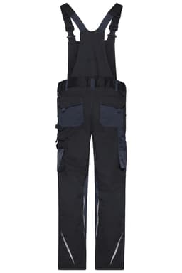 Workwear pants with bib in black and navy, featuring multiple pockets and adjustable straps. Includes branding.
