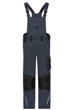Workwear pants with bib in navy blue and black, featuring adjustable straps and multiple pockets. Includes a branding logo.