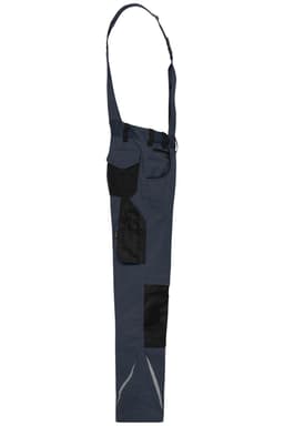 Workwear pants with bib in navy blue featuring black accents and multiple pockets. Includes a logo.