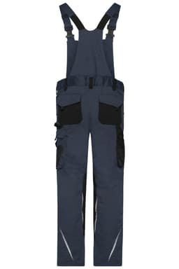 Workwear pants with bib in navy blue, featuring adjustable straps, multiple pockets, and black detailing.