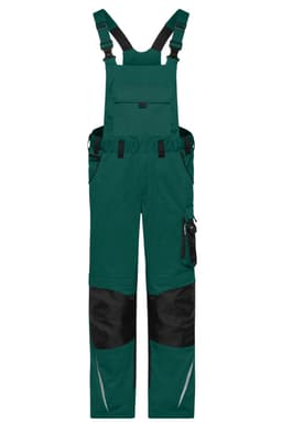 Workwear pants with bib in teal and black, featuring adjustable straps and multiple pockets. Includes a logo.