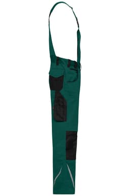Workwear pants with bib in teal and black, featuring multiple pockets and adjustable straps. Suitable for uniforms and outdoor work.