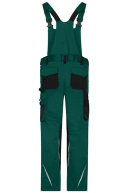 Workwear pants with bib in teal and black, featuring multiple pockets and adjustable straps. Includes a logo.
