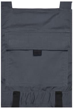 Workwear pants in dark grey with a front pocket and adjustable straps. Includes a logo on the fabric.