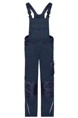Navy workwear pants with bib design, featuring adjustable straps and pockets, suitable for rugged use.