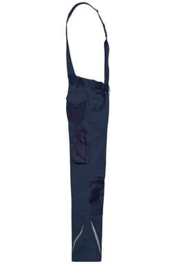 Workwear pants with bib in navy blue, featuring adjustable straps and multiple pockets. Includes a logo.