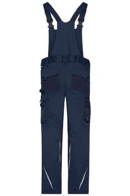 Navy workwear pants with bib, featuring multiple pockets and adjustable straps. Includes reflective detailing and a logo.