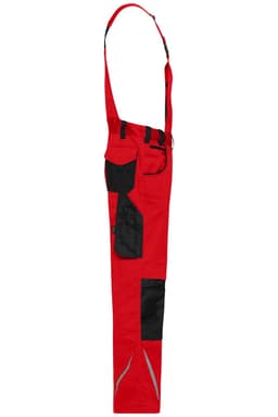 Red workwear pants with black accents, featuring bib and adjustable straps. Includes pockets and reflective details.