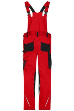 Red workwear pants with bib, featuring black pockets and adjustable straps, suitable for various uniform applications.