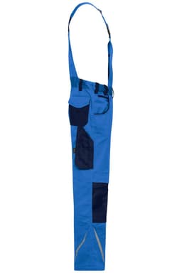 Workwear pants with bib in blue, featuring navy patches and adjustable straps. Includes pockets for utility.