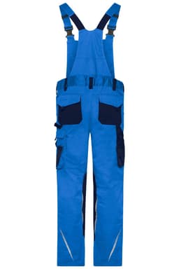 Workwear pants with bib in bright blue, featuring multiple pockets and adjustable straps. Suitable for rugged use.