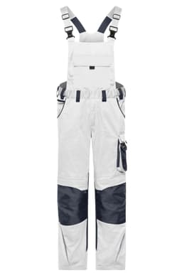 Workwear pants with bib in white and navy, featuring adjustable straps and multiple pockets. Includes branding.