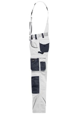 Workwear pants with bib in white and navy, featuring multiple pockets and a strap for additional support.