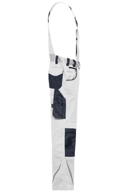 Workwear pants with bib in light grey, featuring navy blue accents and multiple pockets. Includes adjustable straps.