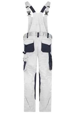 Workwear pants with bib in white and navy, featuring multiple pockets and adjustable straps, with a logo present.